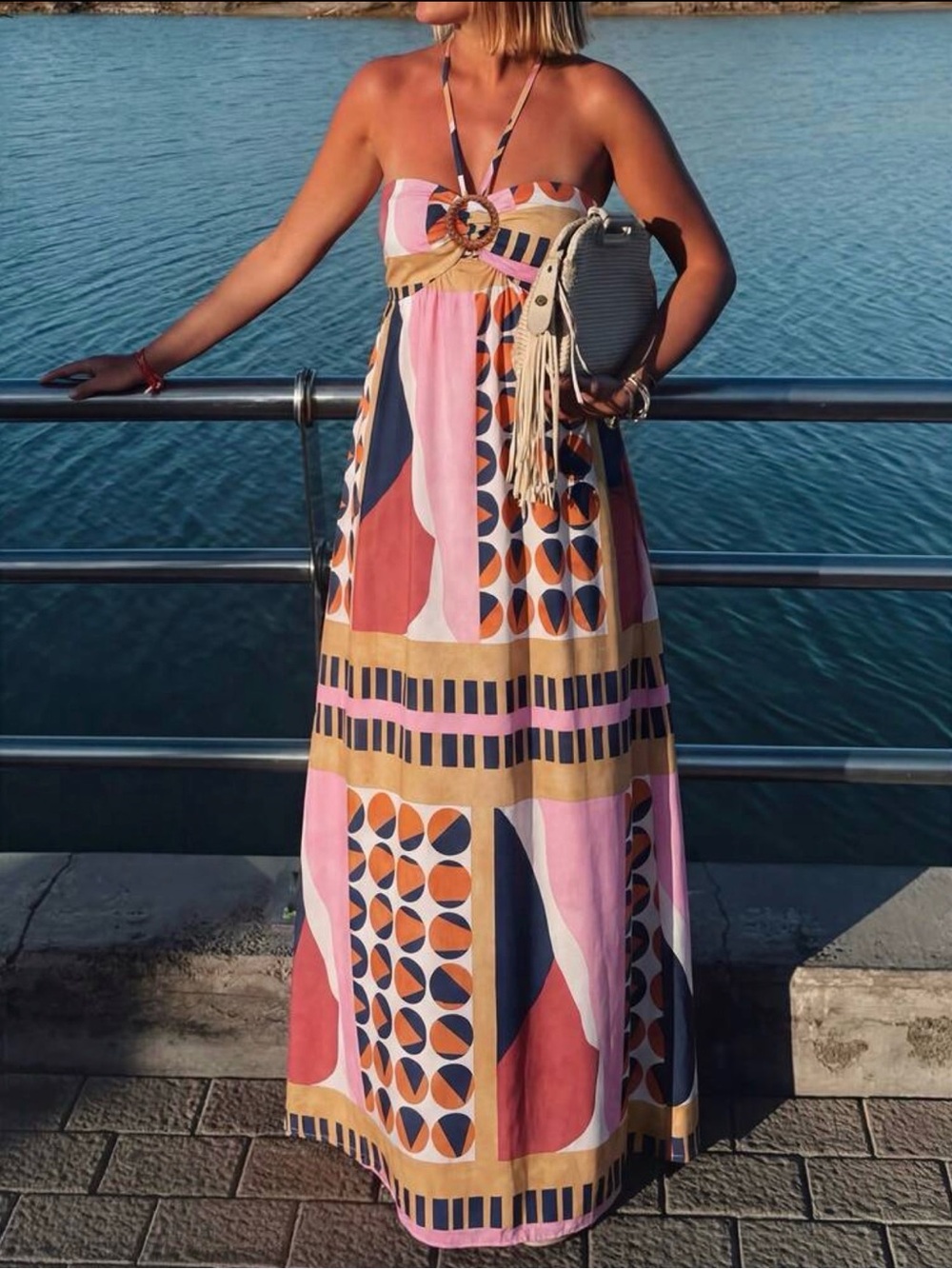 Bohemian Geo-Print Maxi Dress in Pink & Mustard